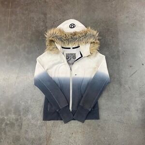 Lululemon Women's Zip Up Hoodie Jacket Fur Trim Hood Ombre Dip Dye Size 8